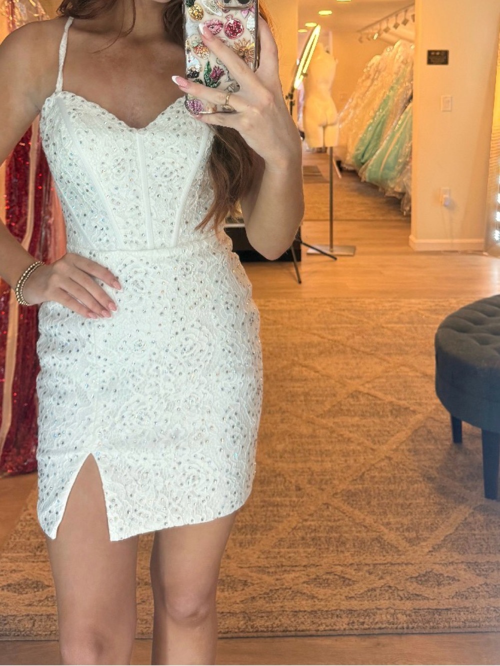 Beaded White Mini Dress with Spaghetti Straps
